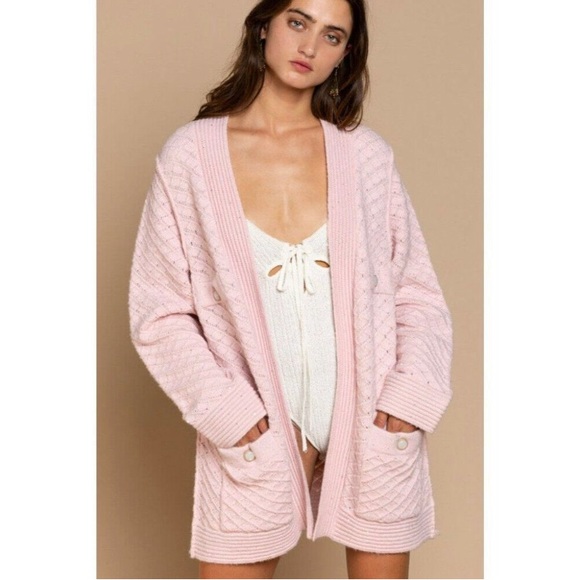 POL Clothing NEW Women's Baby Pink Luxe Open Cardigan Sweater with Buttons Large - Picture 2 of 12